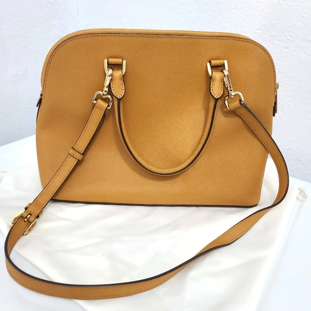 Michael Kors Tan Leather Dome Satchel Bag–Crossbody/Top Handle–Gold Hardware